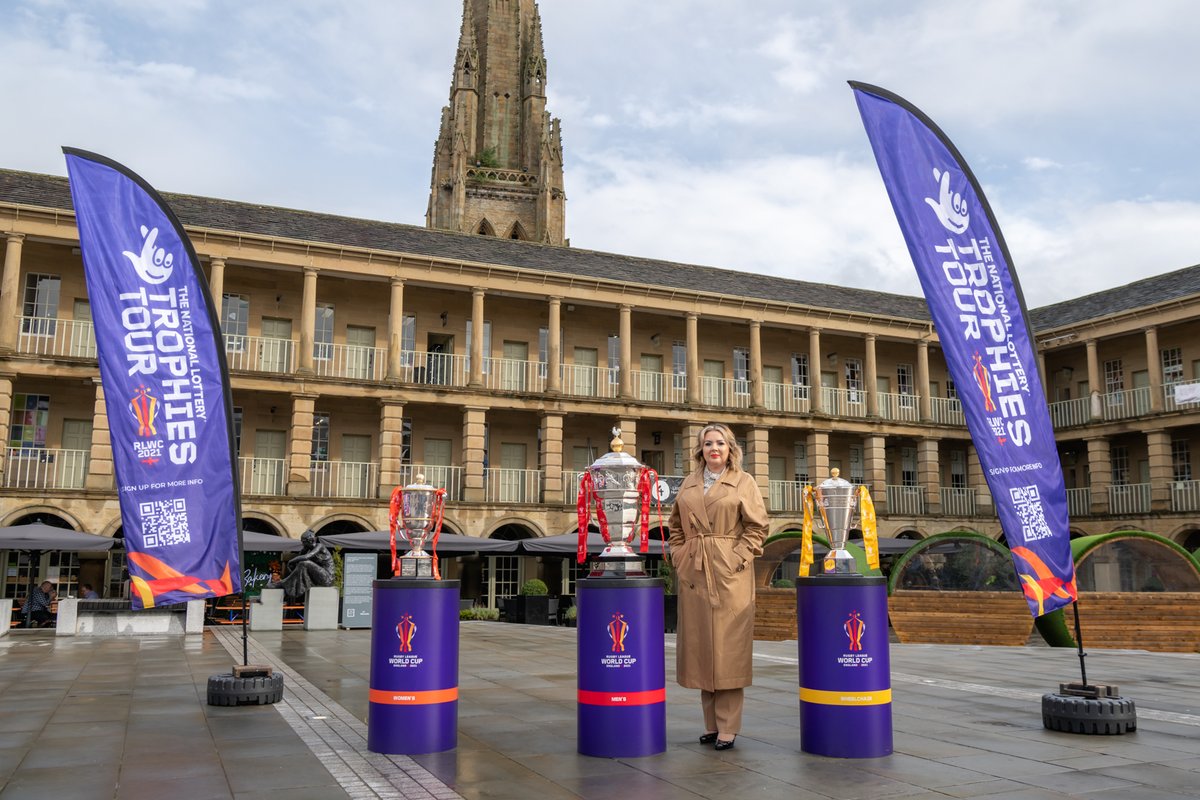 Via Buckingham Palace and Downing Street, the Rugby League World Cup trophies arrived at The Piece Hall. They're in Halifax ahead of the pre-cup game between France and Tonga tomorrow. The most inclusive @RLWC2021 tournament ever gets underway on Saturday 15 October.