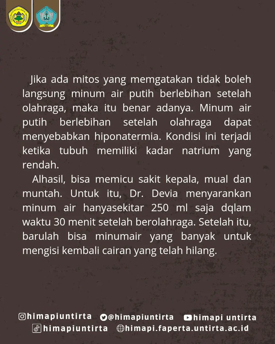 HimapiUntirta's tweet photo. [Sport Fun Fact]

Ada fakta dan mitos unik seputar olahraga seperti minum banyak air setelah berolahraga itu tidak baik untuk kesehatan tubuh, benarkah begitu? 

Yuk baca dan simak, dan cari tahu kebenarannya! Salam olahraga!!

#Himapiuntirta
#HimapiBahteraNawasena
#Periode2022 https://t.co/JSgtj0Qo1J