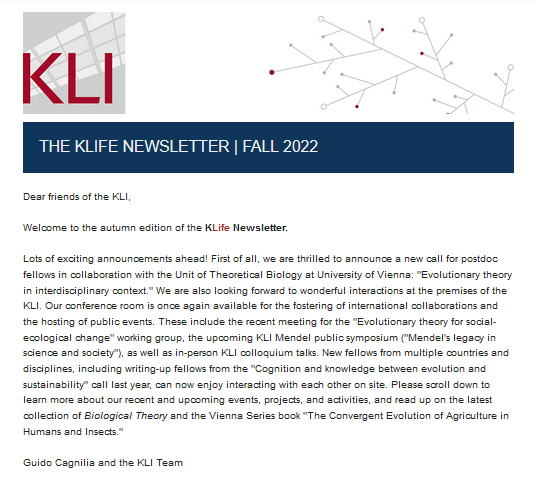 KLIAustria's tweet photo. Fall edition of #KLife Newsletter, is OUT!! Click the link below to learn more about our fellowship call, the #KLIColloquium & @Mendel200, the evo-meets-SES working group, #EASPLS, our new fellows, @BiolTheory & the backstory of our latest #ViennaSeries.
https://t.co/uipyFsXJOm https://t.co/M07nsYaFHe