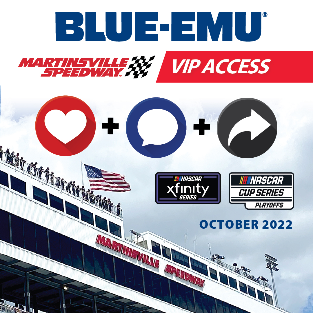🚨WIN VIP ACCESS🚨

Want VIP Access with2⃣SUITE Tickets to the '22 #NASCARPlayoffs Xfinity and Cup Series races at Martinsville Speedway? Here's your chance!

❤️+💬+🔃=entry to win | 🇺🇸only
Must be following Blue-Emu to win!

🇺🇸Made. #SpreadRelief today! | blue-emu.com