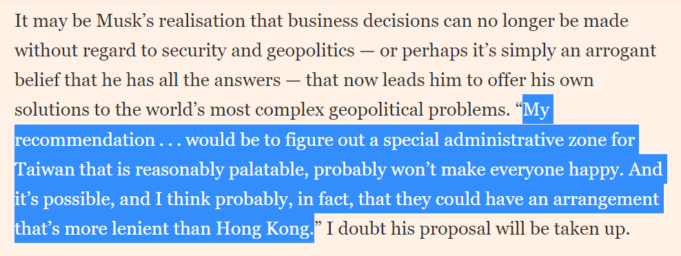 ichentsai's tweet photo. Elon Musk 對臺灣的建議：請臺灣接受成為中國的特別行政區，可以比香港擁有更多一點的自由。

我看他買了推特之後，台灣人能不能擁有言論自由可能很難說。

📰 Lunch with the FT
https://t.co/wk3Q1gFk0W https://t.co/oQdFGogSM7