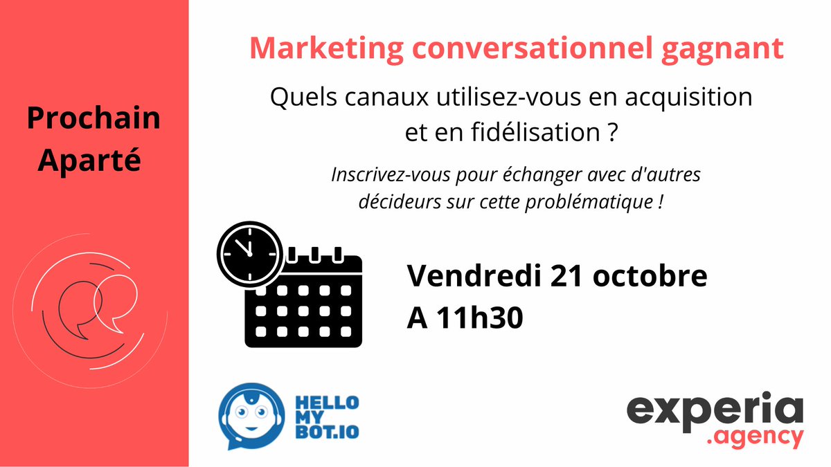 'Inscrivez-vous à notre #Aparté @ExperiaAgency : hdav1.com/M0xDOEl2aEcyT0…

💬Le sujet : « Marketing conversationnel gagnant : quels canaux utilisez-vous en #acquisition et en #fidélisation ? »
📆 Vendredi 21/10
⏲ 11h30 pour une visio Teams de 30'