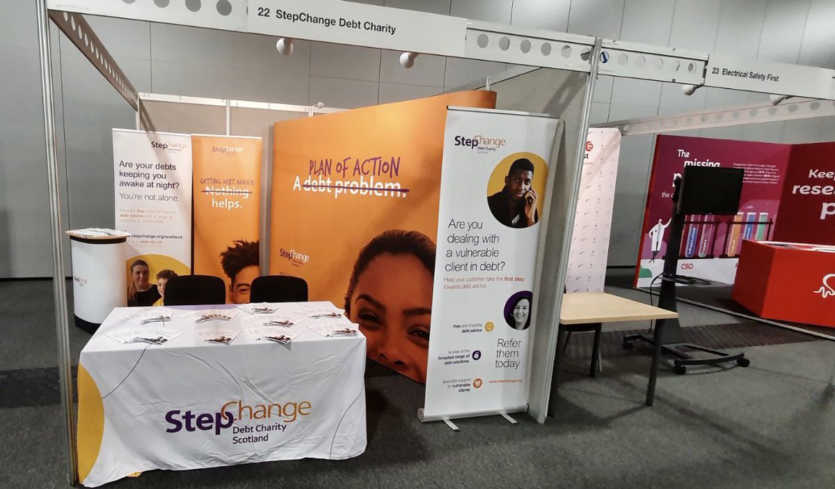 StepChange's tweet photo. We’re all set up in Aberdeen for the #SNP22 conference this weekend! 

We’ll be talking about how we can support people through the cost of living crisis. 

👋 If you’re visiting, don’t be shy and pop by for a chat on how we can help. https://t.co/EtIjzUz1k2