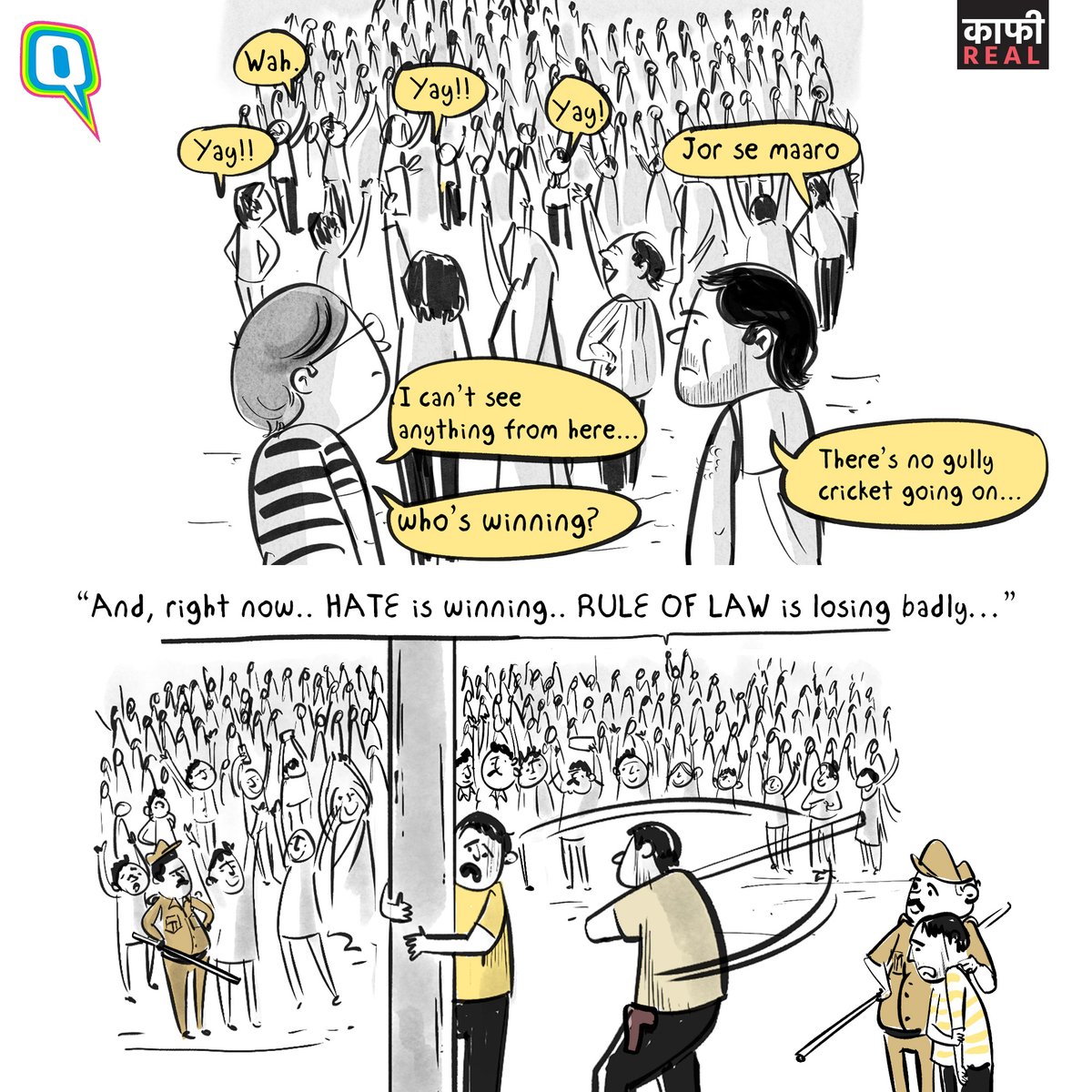 TheQuint's tweet photo. The rule of law is being tied to a pole and beaten to a pulp. The question is, when 'protectors' become perpetrators, who will police the police? #KaafiReal cartoon by Aroop Mishra and @MeghnadBose93.
Full story: https://t.co/znIyg31ShD https://t.co/YwqwiGsSCT
