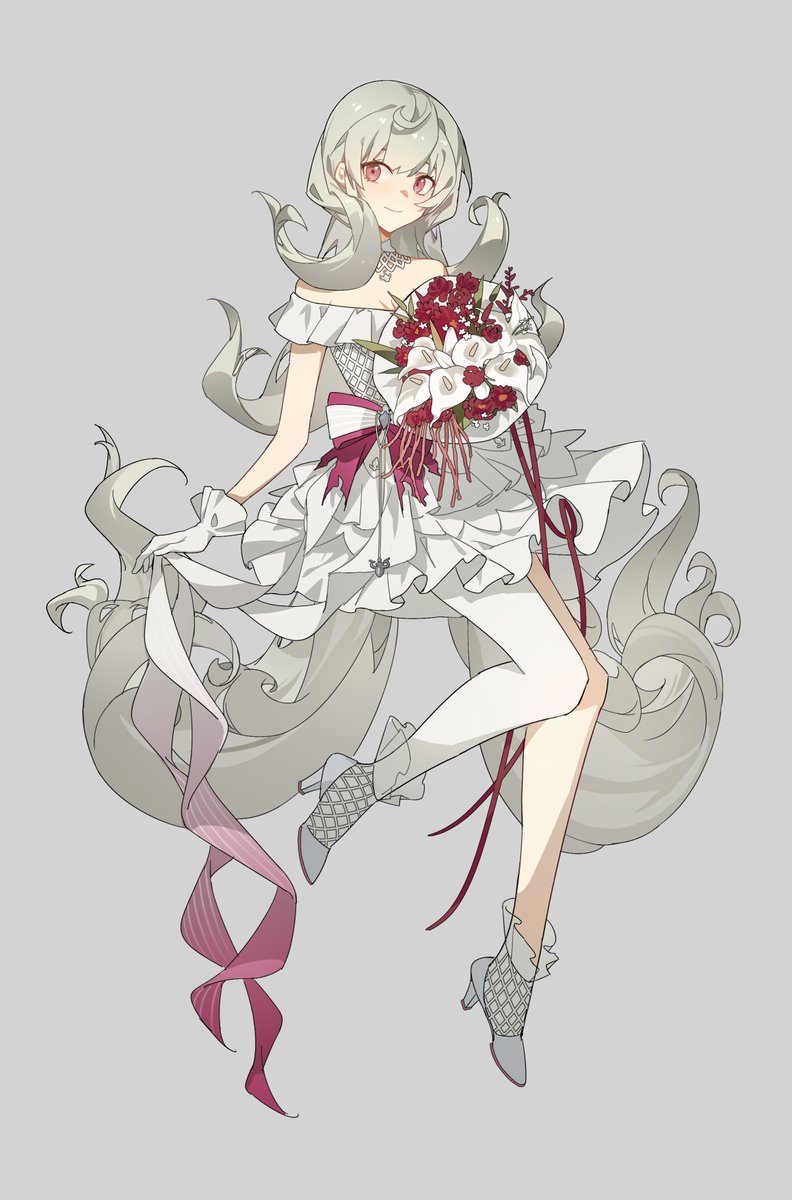 1girl solo flower dress high heels bouquet white dress  illustration images