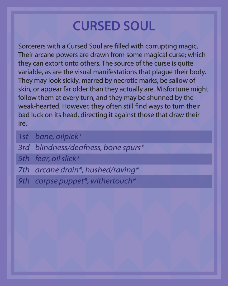 verdantgames5e's tweet photo. Cursed Soul Sorcerer
This sorcerer carries a magical curse that they can extort onto others.
Art by @ossocavo
#foregonecompendium #dnd #dnd5e #dndhomebrew #homebrew #dndsubclass #5esubclass #ttrpg #ttrpgfamily #d20 https://t.co/qtqYiBoCur