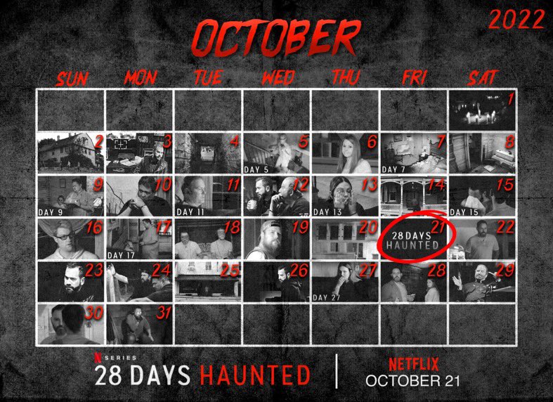 aaronsagers's tweet photo. Mark your calendars — and set those @netflix reminders — for Oct. 21, when #28DaysHaunted premieres. Design credit: @MadisonCDesigns. https://t.co/2sqkssfFw9