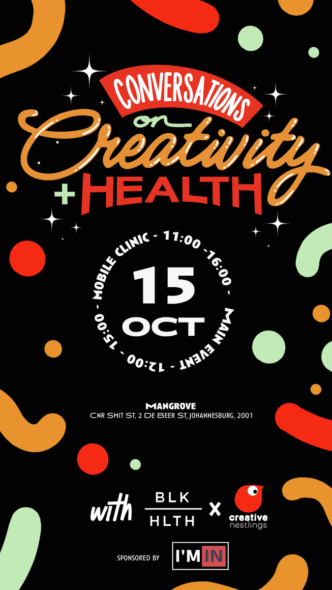creativenestlin's tweet photo. 🗓️🗓️🗓️EVENT ALERT🗓️🗓️🗓️
In partnership with @BLKHLTH x @ImInAccelerator we present #ConversationsonCreativity & Health on Sat the 15th of Oct: 12 - 3pm at Mangrove, Braamfontein.
Mobile clinic & Free food and drinks will be avail 🍔🍔🌭🌭🥙🥗
RSVP https://t.co/QEO17emdfg https://t.co/ZkidXuDZqx