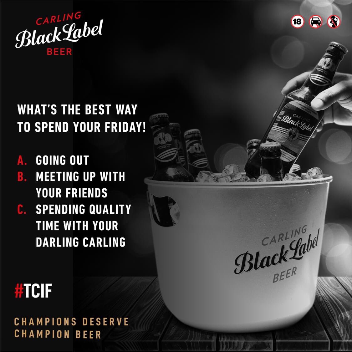 CBLZimbabwe's tweet photo. What’s the best way to spend your Friday!
a) Going out
b) Meeting up with your friends
c) Spending quality time with your darling Carling ☺️

#HappyTCIF
#ChampionsDeserveChampionBeer https://t.co/STyDM3bZ2G
