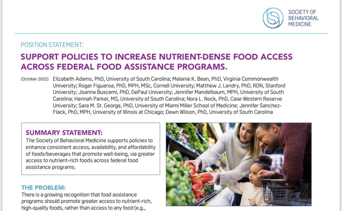 ElizabethLAdams's tweet photo. Thrilled to share our new position statement! @BehavioralMed supports policies to enhance #nutritionsecurity across federal food assistance programs, via consistent access, availability, and affordability of foods that promote well-being. 🍎🥑🥦
https://t.co/8cTU6LbicO https://t.co/EsIusxkqgB