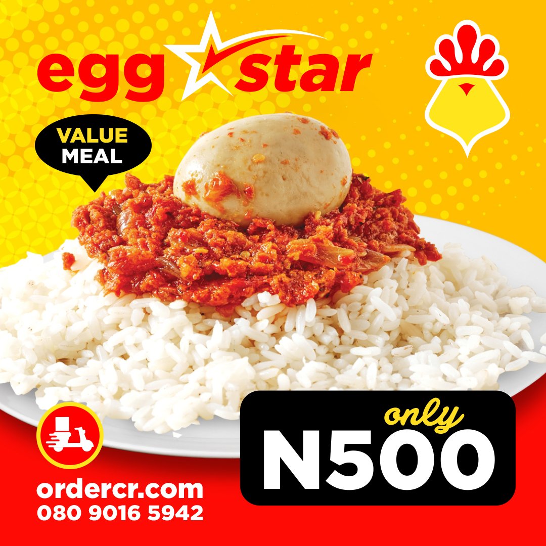 ChickenRepublic's tweet photo. Enjoy our EggStar meal with rice or spaghetti and our delicious new sauce for N500. To order visit https://t.co/WwXE0JhGBQ and we will deliver.
#EggStar #Delicious #FastFood #Delivery #Monday https://t.co/fZSpcefueo