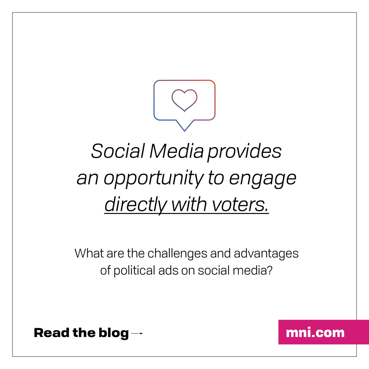 The use of political ads on social media has evolved over time. MNI knows about your challenges, the advantages, and how to be more transparent on social media. Get in front of voters before it's too late.
Read the blog (3-minute read): hubs.ly/Q01pdtPj0