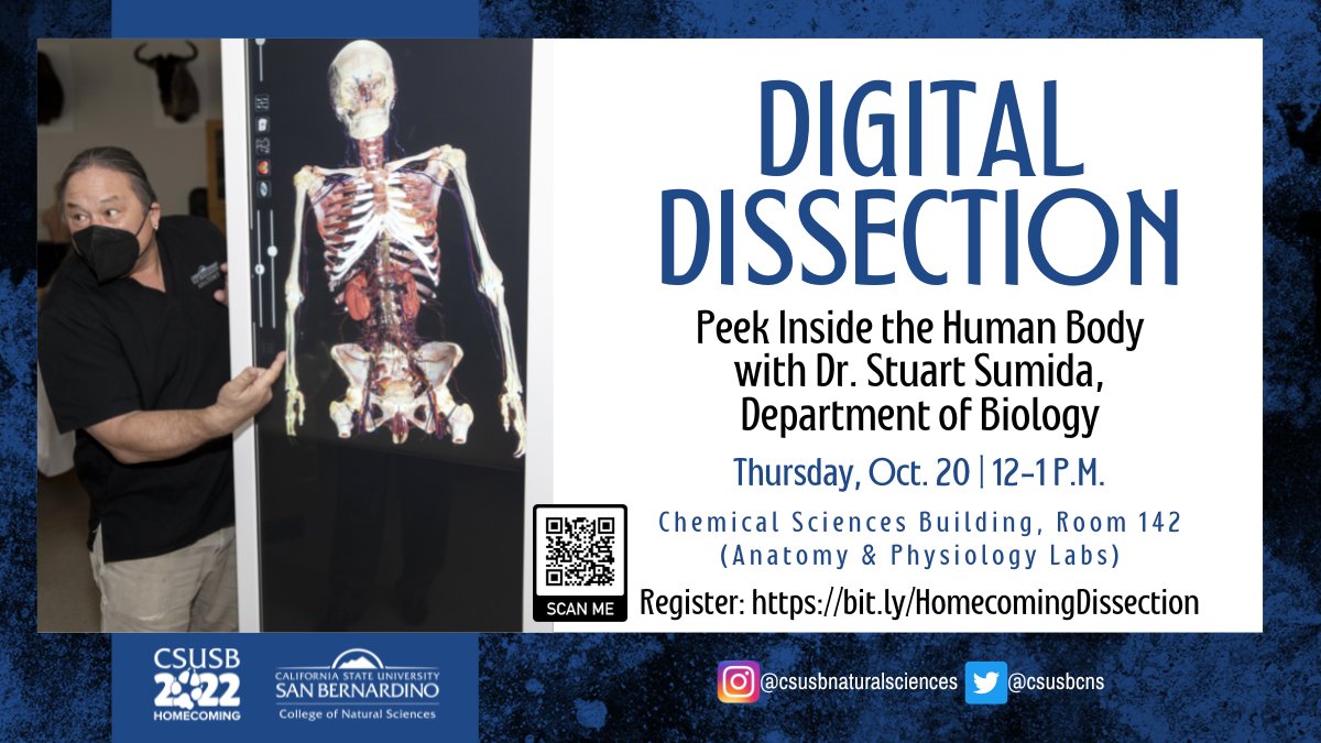 csusbcns's tweet photo. Celebrate the science wonders of bones, organs & the innards of human bodies as renowned @csusb_biodept prof Stuart Sumida demonstrates cool tech for simulated human dissection.๐๐ฆด๐ง ๐ซ๐ซ
Register https://t.co/R1Aue0PxGz
#CSUSBNaturalSciences #WeDefineTheFuture #CSUSBHomecoming https://t.co/gz2dE4Vx6y