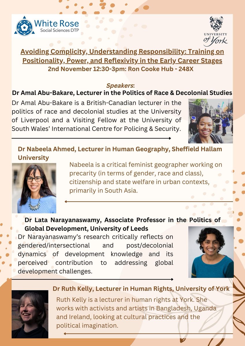 ❗Join us 2nd November 12:30-3pm for this hybrid event, ‘Avoiding Complicity, Understanding Responsibility: Training on Positionality, Power and Reflexivity in the Early Career Stages'.

You can join us in York or online. All are welcome!

More info: eventbrite.co.uk/e/avoiding-com….