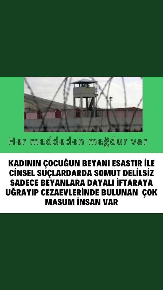 <a href="/yilmaztunc/">Yılmaz TUNÇ</a> <a href="/RTErdogan/">Recep Tayyip Erdoğan</a> 6284" Kadının ve Çocuğun Beyanı Esastır"maddesi ile binlerce insan iftiralarla suçsuz yere ömürlük cezalara mahkum edilip sapık tecavüzcü damgası yedi. Her maddeden adil yargılanmamış binlerce insan var
AF İSTİYORUZ