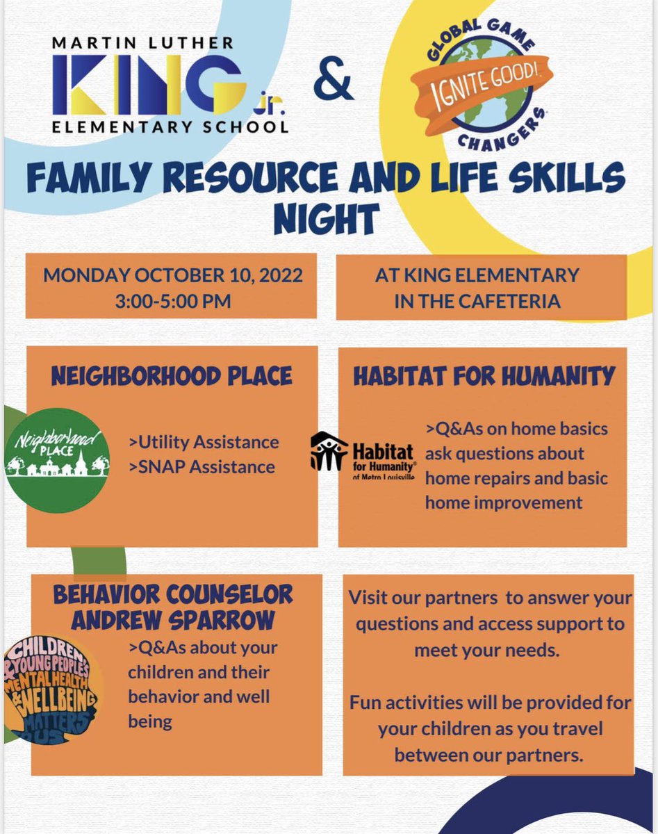 King Families! 
On Monday, October 10, 2022 Global Games Changers will be having a Family Resource and Life Skills Nighy at King Elementary School from 3PM-5PM. 🌎🦁💙