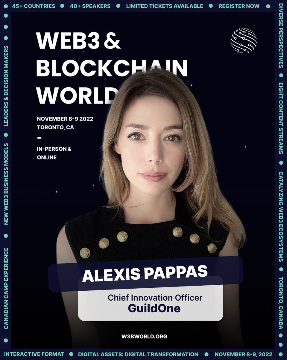 A believer that inclusive change is the key to global sustainability, <a href="/alexisgpappas/">Alexis Pappas</a> is Chief Innovation Officer <a href="/Guild_One_Inc/">GuildOne</a> , Executive Director of <a href="/CBAW_io/">Canadian Blockchain Association for Women</a> and Director and @Blockchain_CBC #W3B2022 bit.ly/3Cv6EHV