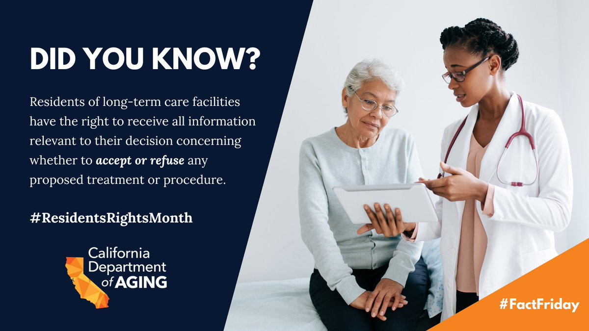 CalAging's tweet photo. 👉 October is #ResidentsRightsMonth, recognizing the respect, dignity &amp; rights that all residents of long-term care facilities are entitled to. We'll highlight Residents' Rights each Friday this month, starting with the list of all rights: 

🔗 https://t.co/rYTjTsfNOf https://t.co/SjIcJGH9J7