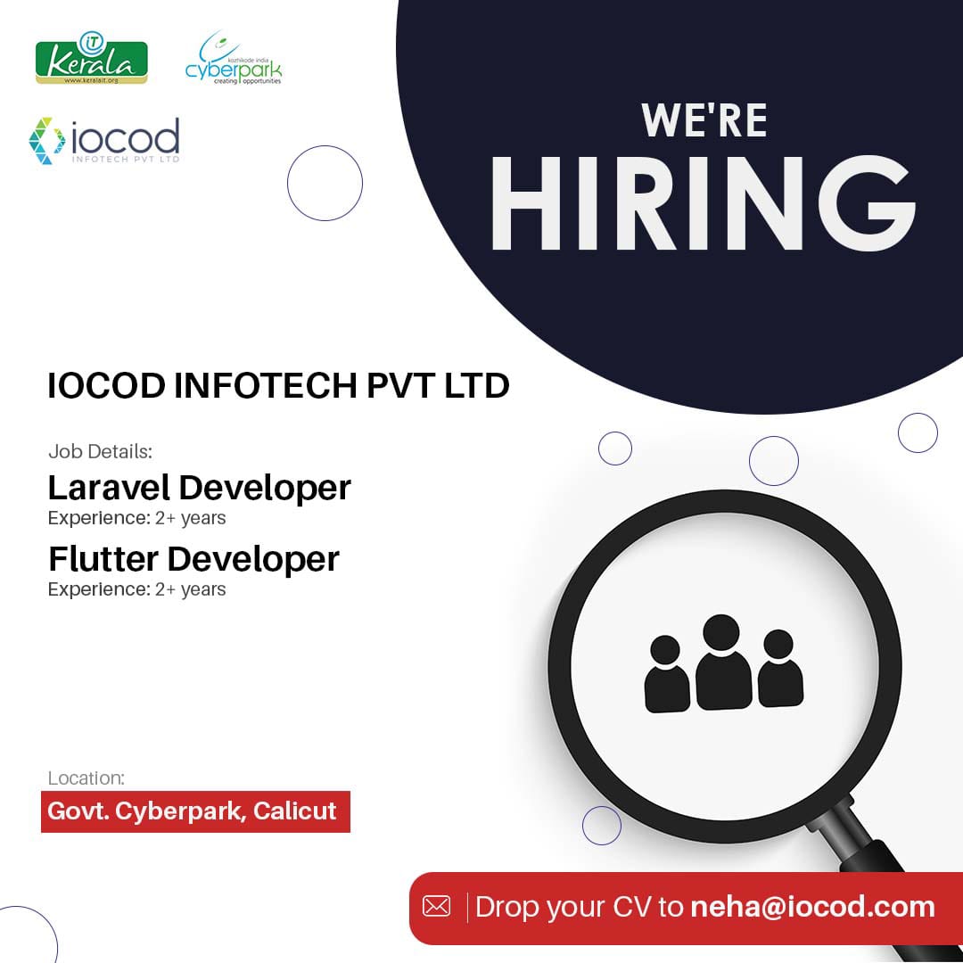 kerala_it's tweet image. Is #programming your area of expertise? If it is, you could be a good fit for iocod infotech. The company is hiring #Laravel and #FlutterAppDevelopers for its #team based at Cyberpark. Send your CV to: careers@iocod.com
#KeralaIT #ITParks #KeralaITParks #KeralaITMission
