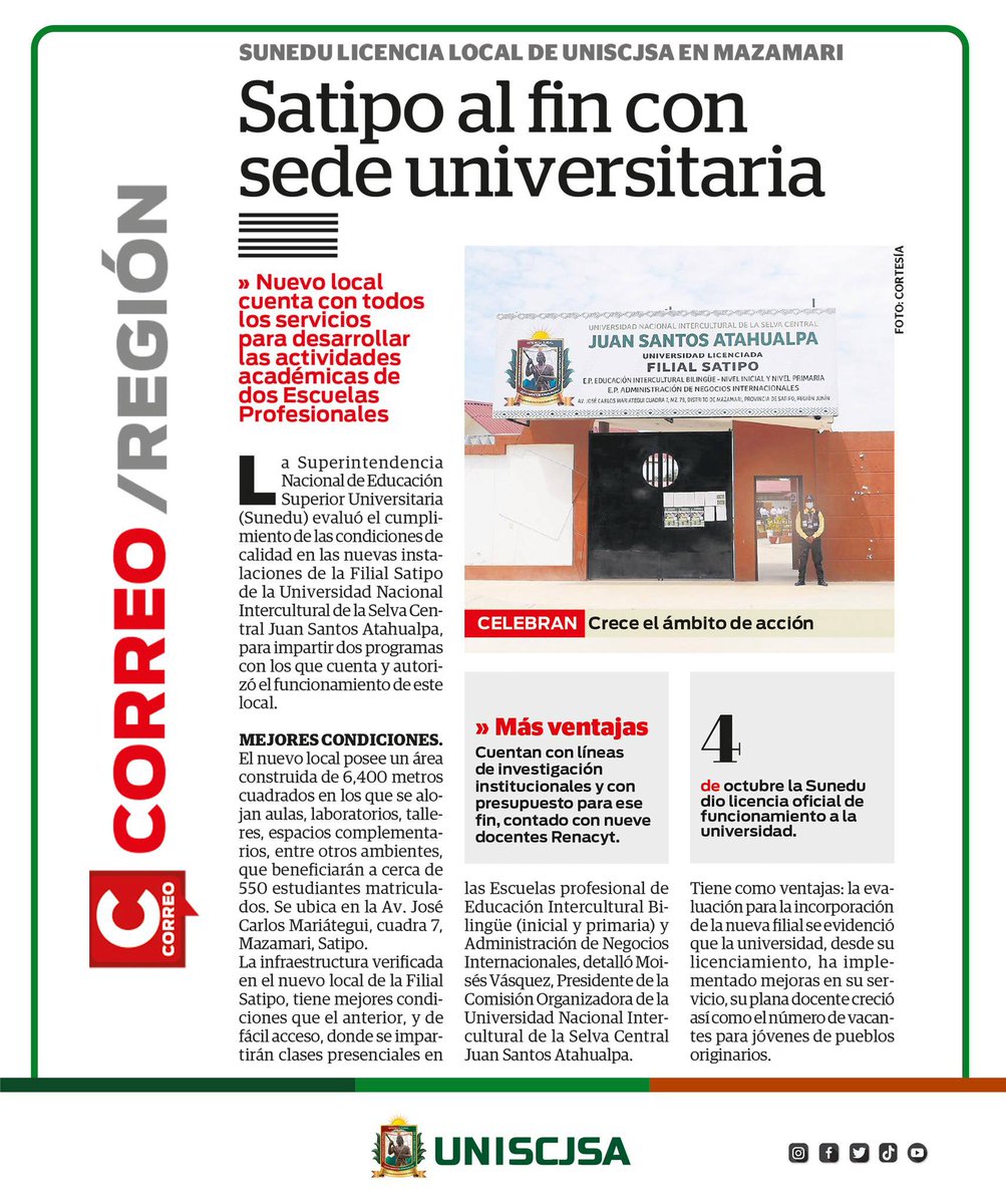 UniscjsaOficial's tweet photo. 📣𝐒𝐎𝐌𝐎𝐒 𝐍𝐎𝐓𝐈𝐂𝐈𝐀 𝐑𝐄𝐆𝐈𝐎𝐍𝐀𝐋 𝐏𝐎𝐑 𝐍𝐔𝐄𝐒𝐓𝐑𝐎 𝐋𝐎𝐆𝐑𝐎 𝐎𝐁𝐓𝐄𝐍𝐈𝐃𝐎‼️
✅️Diario Correo, hoy en la página 11 informa sobre el licenciamiento de la #UNISCJSA en Mazamari con el titular: "Satipo al fin con sede universitaria". https://t.co/5pUo0RehQ1