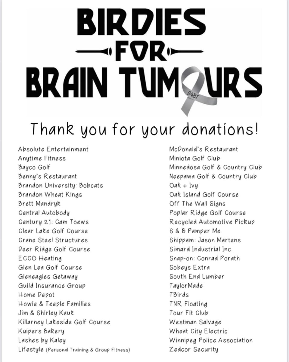 B4BTinfo's tweet photo. Thank you to the sponsors, volunteers, participants, organizers, supporters, donors, friends, family and the team at Glen Lea Golf Course for making the 11th Annual Birdies for Brain Tumours a huge success! We are grateful for your continued support and generosity!⁣⁣⁣ #B4BT https://t.co/PReghmA1xd