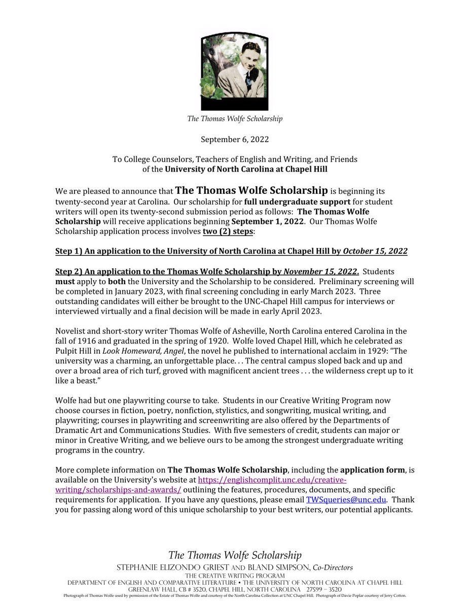 Thomas Wolfe Scholarship Reminder from UNC-CH!