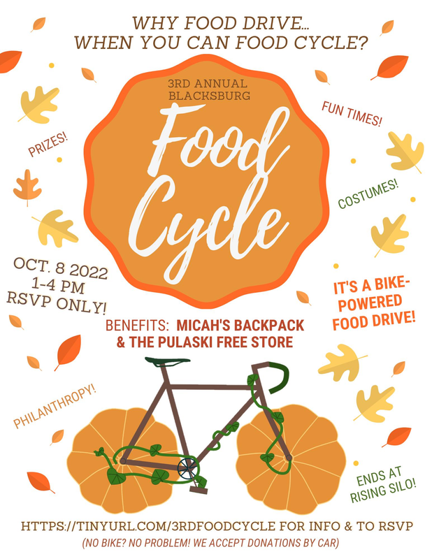 NextThreeDays.com (@next3days) on Twitter photo Bike for a Cause:
Bicyclists last day to sign-up for the 3rd Annual Blacksburg Food Cycle ending at <a href="/RisingSiloBrew/">RisingSiloBrew</a> and benefitting Micah's Backpack and the Pulaski County Free Store. Participants receive a grocery list, buy them & bike to Rising Silo....
nextthreedays.com/FeaturedEventD… Bike for a Cause:
Bicyclists last day to sign-up for the 3rd Annual Blacksburg Food Cycle ending at <a href="/RisingSiloBrew/">RisingSiloBrew</a> and benefitting Micah's Backpack and the Pulaski County Free Store. Participants receive a grocery list, buy them & bike to Rising Silo....
nextthreedays.com/FeaturedEventD…