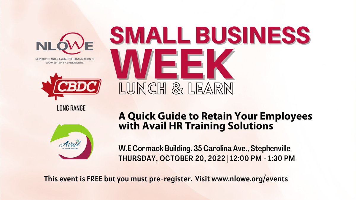 nlowe_org's tweet photo. 🗓️ For Small Business Week, NLOWE business advisors host networking and learning opportunities around the province! 

On October 20th, join us &amp; @CBDCNL CBDC Long Range @emfbateman for a quick guide to retaining your employees.  Register here: https://t.co/GeYCWir0um https://t.co/BcuSirLMAS