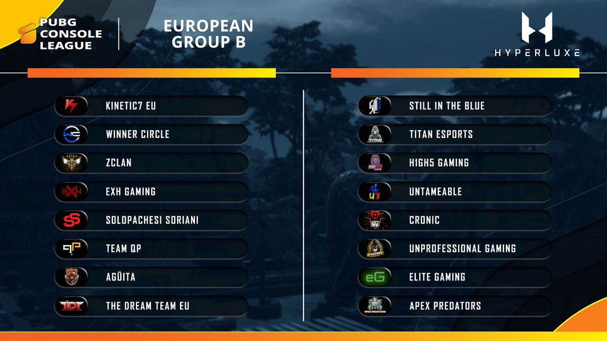 PUBG Console League (@pubgconsoleleag) on Twitter photo 7:00BST, the #PCL will be BACK in the EU!
New Format!
2 Groups! 2 Lobbies!
3 Days of Action to determine the best 8 teams from each group will compete for £20,000.
Watch it live - twitch.tv/thePUBGConsole…
This would not be possible without our @hyperluxeGG & <a href="/PUBGEsports/">PUBG Esports</a> 7:00BST, the #PCL will be BACK in the EU!
New Format!
2 Groups! 2 Lobbies!
3 Days of Action to determine the best 8 teams from each group will compete for £20,000.
Watch it live - twitch.tv/thePUBGConsole…
This would not be possible without our @hyperluxeGG & <a href="/PUBGEsports/">PUBG Esports</a>