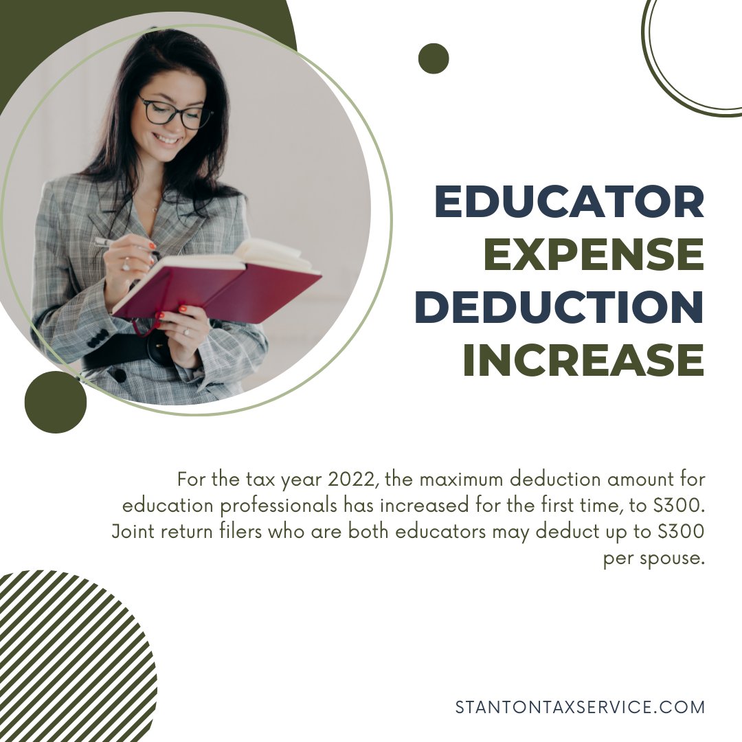 stantontax1's tweet photo. You may qualify for this deduction if you work as a teacher, counselor, principal, or aide for grades K 12 in a public or private school. For more info: https://t.co/WbeOEDnA3W

#taxtip #taxdedction #education #taxpros #taxtip #taxadvice #taxes #irs #taxtwitter #taxconsultant https://t.co/6hFs4nio8O