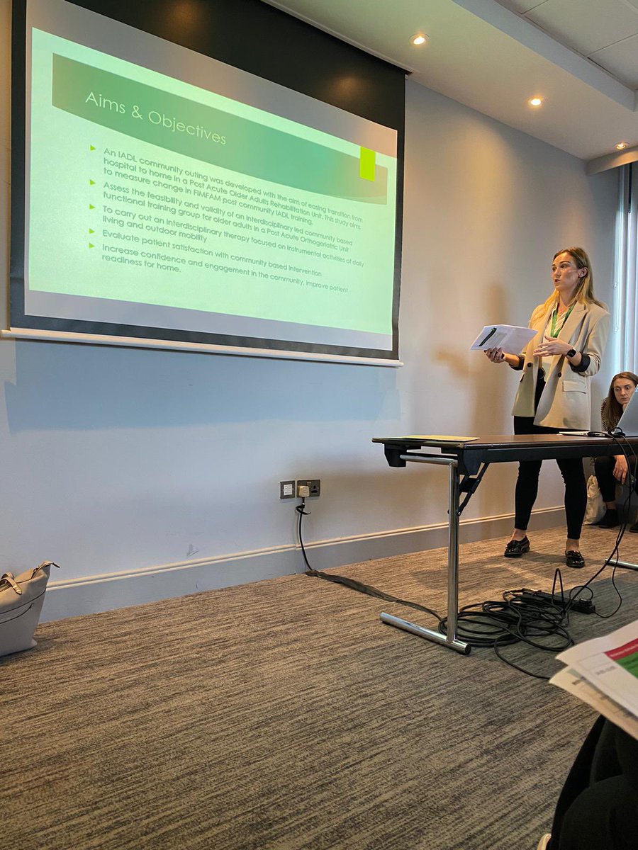reynola8's tweet photo. Delighted to represent our OT dept and SPARC rehab ward @RoyalDonnybrook at @AOTInews conference today. Great to have our ‘Ready Steady Home’ and ‘SPLATT’ falls analysis projects presented orally as well as our ‘Fit2Function’ project poster presentation. #AOTI2022 https://t.co/6CIZSddWYJ