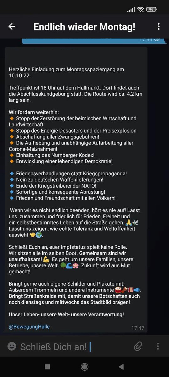 Bewegung_Halle's tweet photo. Am 10.10.22 in Halle (Saale): Lasst uns zusammen wieder #spazieren gehen. Für #Waffenstillstand, #Frieden und #Verbundenheit! Schließt euch an, zeigt Mut und erscheint zahlreich! #HalleSaale #Hallmarkt
https://t.co/MmlECRS6kN https://t.co/shMExiSfjs