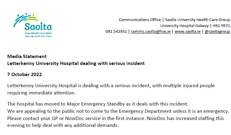 HSE_West_NWest's tweet photo. ⚡️#Letterkenny University Hospital is dealing with a serious incident involving multiple injured people
 
- Please do not come to the Emergency Department unless it is in an emergency 
- Please contact your GP or NOWDoc as an alternative 

@AmbulanceNAS @HSELive https://t.co/me3tRFSduM