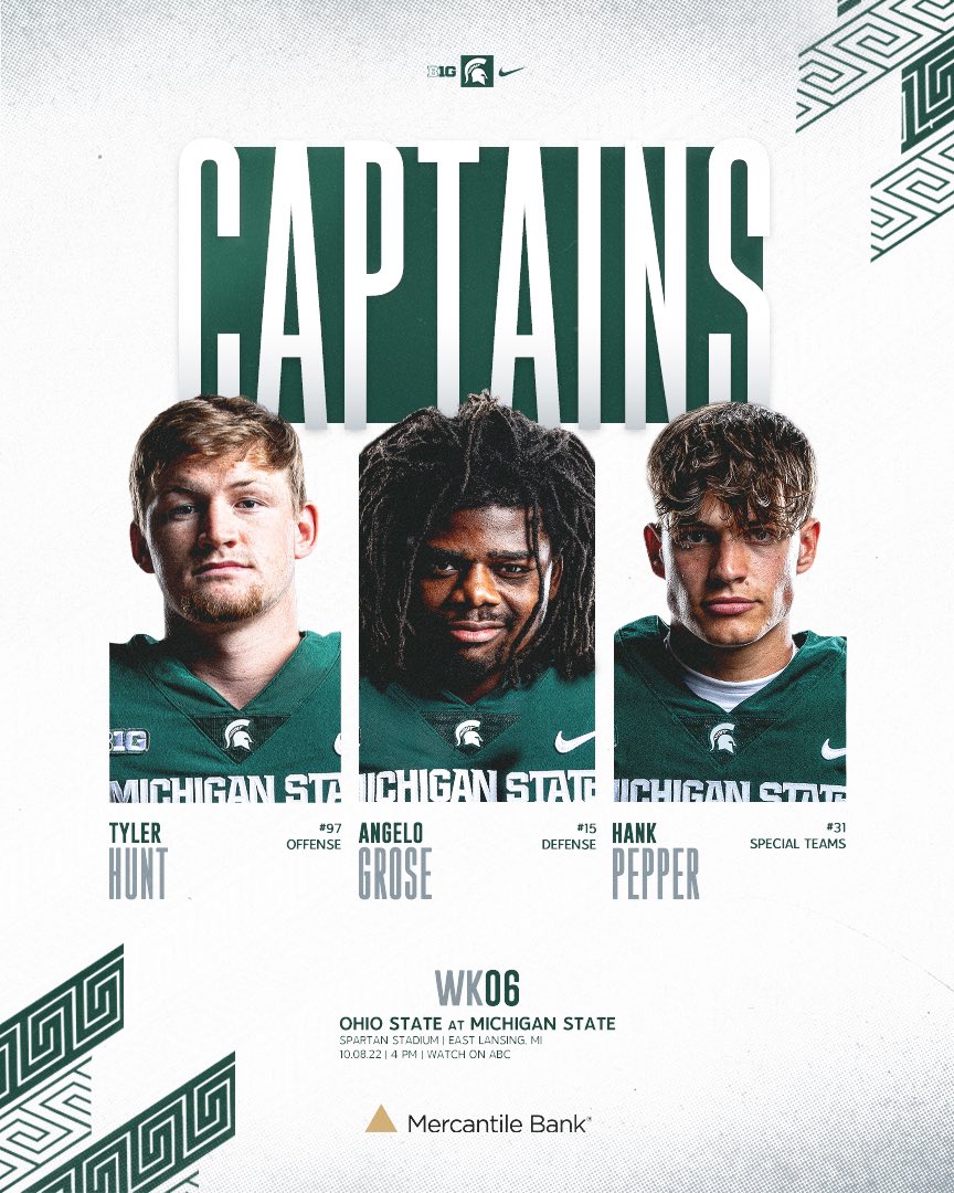 MSU_Football's tweet photo. Your Game 6 Captains:
🟢 @tyler_hunt2
⚪️ @GroseAngelo
🟢 @hank81pepper https://t.co/QYFAfkk2VM