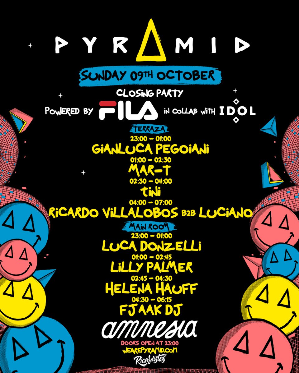 Amnesia_Ibiza's tweet photo. SET TIMES for TOMORROW!!🤩
Only a few hours left till Ricardo Villalobos and Luciano play together for the last time at Amnesia Terraza this season alongside some amazingly talented artists💥 Are you ready?

🎟️ https://t.co/onVxEcmeGq

#amnesiaibiza #wearepyramid #ibiza2022 https://t.co/E3k1MKEuV6