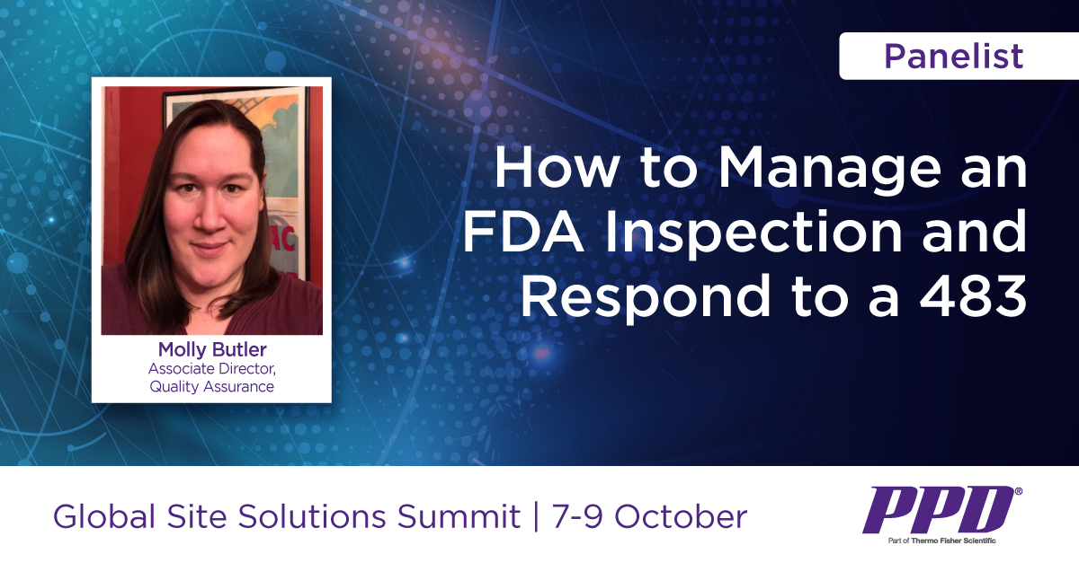PPDCRO's tweet photo. An expert in audit management, Molly Butler will participate in a panel tomorrow at the SCRS #GlobalSiteSolutionsSummit to share insights into how to manage an #FDAinspection. » https://t.co/21je9YFJbk https://t.co/mogCdDSRtd