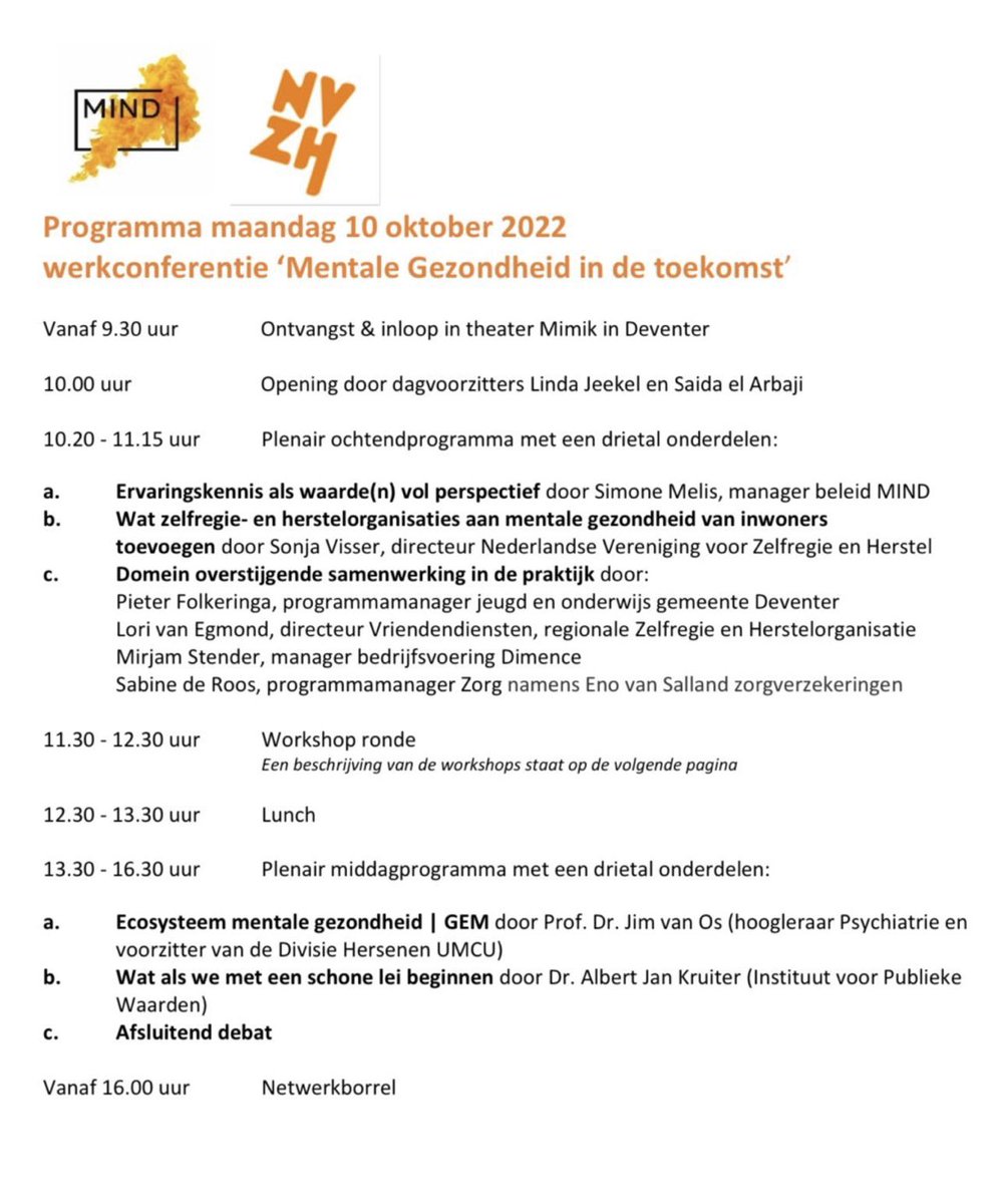 de_nvzh's tweet photo. 🟠 Maandag 10 okt 👇🏼
➖#Dagmentalegezondheid 
➖#WorldMentalHealthDay 
➖Landelijke werkconferentie ‘Mentale Gezondheid in de toekomst’ door @wijzijnmind &amp; @de_nvzh 
🟠 Je kunt ONLINE meekijken via @OOTBTV https://t.co/c0pGJ9sTsz of https://t.co/FEbCLIMjLc #zelfregie #herstel https://t.co/2igz8KxILj