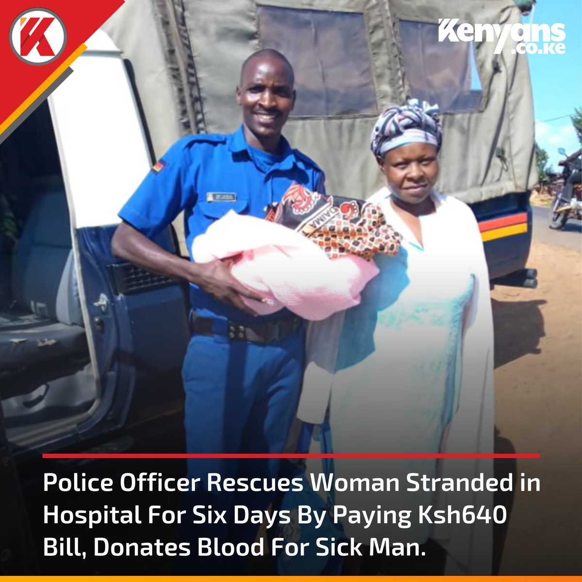 Kenyans's tweet photo. Police officer helps woman stranded over Ksh640 hospital bill, donates blood for sick man https://t.co/THMqqqITs2
