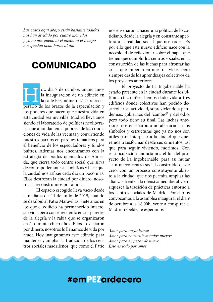Frente a la especulación, la desposesión y la venta al mejor postor de nuestras vidas y todo aquello que las sostiene, construimos espacios de apoyo mutuo, lucha y alegría. Hoy invitamos a todo el mundo a conocer el espacio y llenarlo juntxs de vida.

#EmPEZarDeCero