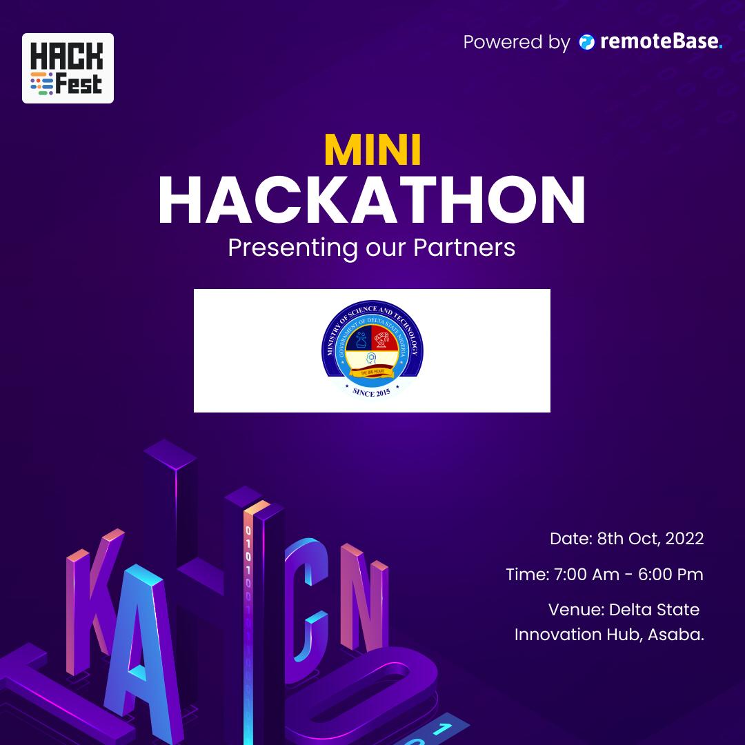DeltaStateMST's tweet photo. Register to participate in Hackfest 2.0 Physical Mini-Hackathon happening on the 8th of October powered by Remotebase  in collaboration with Delta State Min.of Science and Technology.  

Visit https://t.co/1Nk0GCgeTs for more details.

#deltastatemst 
#rbhackfest
#StrongerDelta https://t.co/TdAYeNAn7R