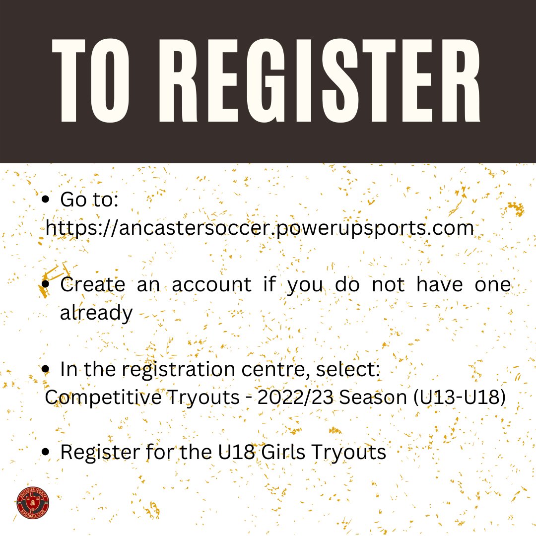 The Ancaster Legacy U18 Girls final tryouts are this Saturday, October 8th. They will take place at STM Turf from 1-4PM. It is an exhibition game against Darby FC from League1 Ontario.

Join us by registering at: ancastersoccer.powerupsports.com.