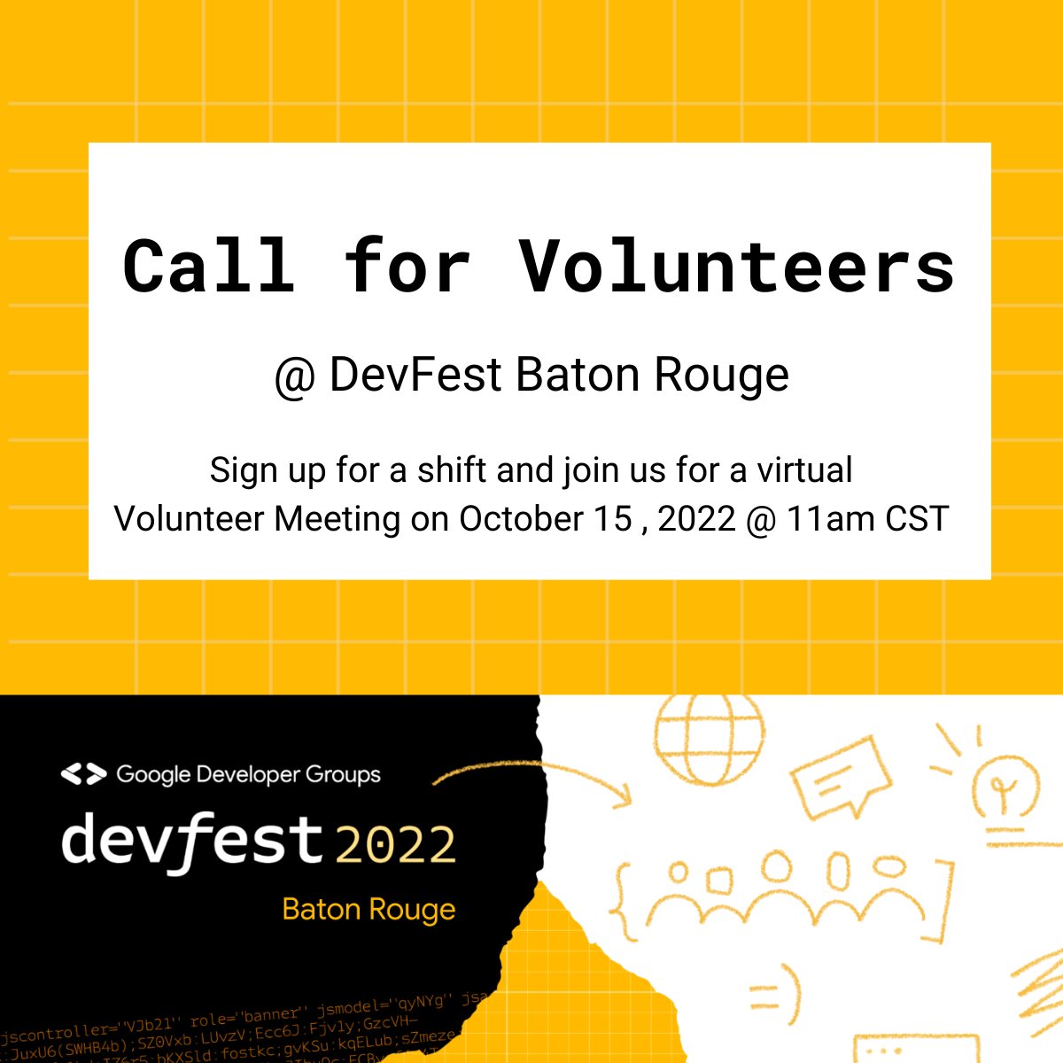 GDG_BatonRouge's tweet photo. 📣 Calling all volunteers! Sign up today to volunteer at #DevFestBR ⤵️

1. Sign up for a shift here:  https://t.co/PVNxmtC8qt.

2. RSVP and attend our virtual volunteer meeting on 10/15 @ 11am CST: https://t.co/RLBwYUPuJh

#batonrouge #volunteer #techconference #devfest #lsu https://t.co/qYxEAbZJRR