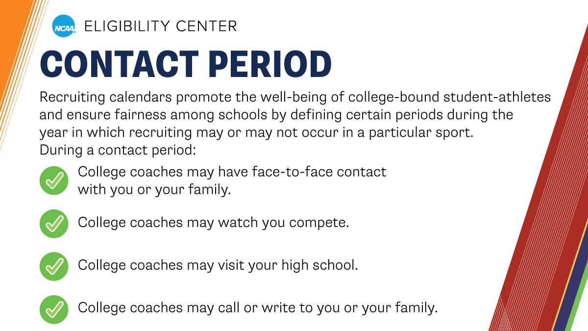Is your sport in a contact period? View the <a href="/NCAA/">NCAA</a> recruiting calendars to learn what times of the year college coaches may contact you and your family.

➡️ on.ncaa.com/RecruitCal
