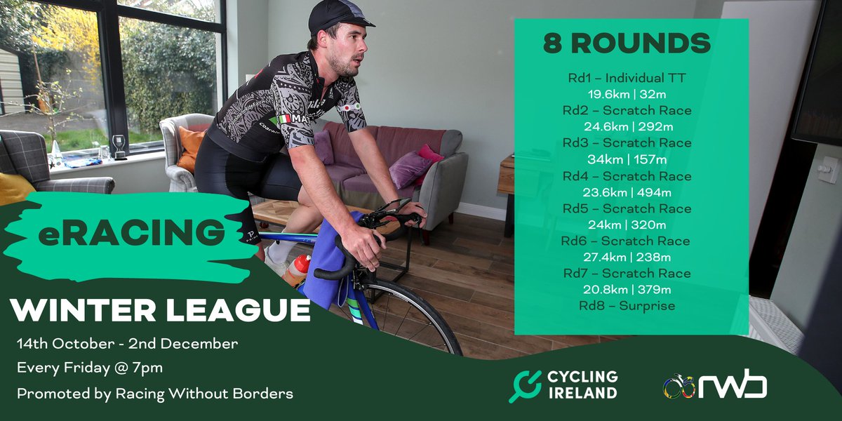 CyclingIreland's tweet photo. 𝗲𝗥𝗮𝗰𝗶𝗻𝗴 𝗪𝗶𝗻𝘁𝗲𝗿 𝗟𝗲𝗮𝗴𝘂𝗲 

The 2022 eRacing Winter League kicks off on October 14th and will run for eight rounds promoted by @rwbcycling 🙌

Find out more here 👇
https://t.co/eKgRvMQBGS https://t.co/nRVBgYwVpe