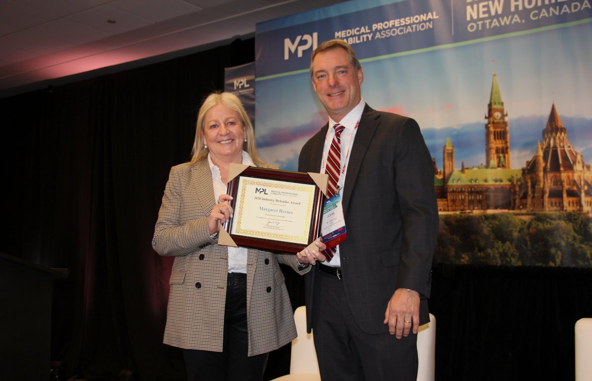 MPLOttawa's tweet photo. Congrats again to Margaret Byrnes of Wallmans Lawyers of Australia &amp; Domenic Crolla of @gowlingwlg_ca in Ottawa on receiving their Industry Defender Awards. 

Here is Margaret receiving her award from John Mize of SVMIC #MPLOttawa @MPLassociation https://t.co/GHzog9VhwP