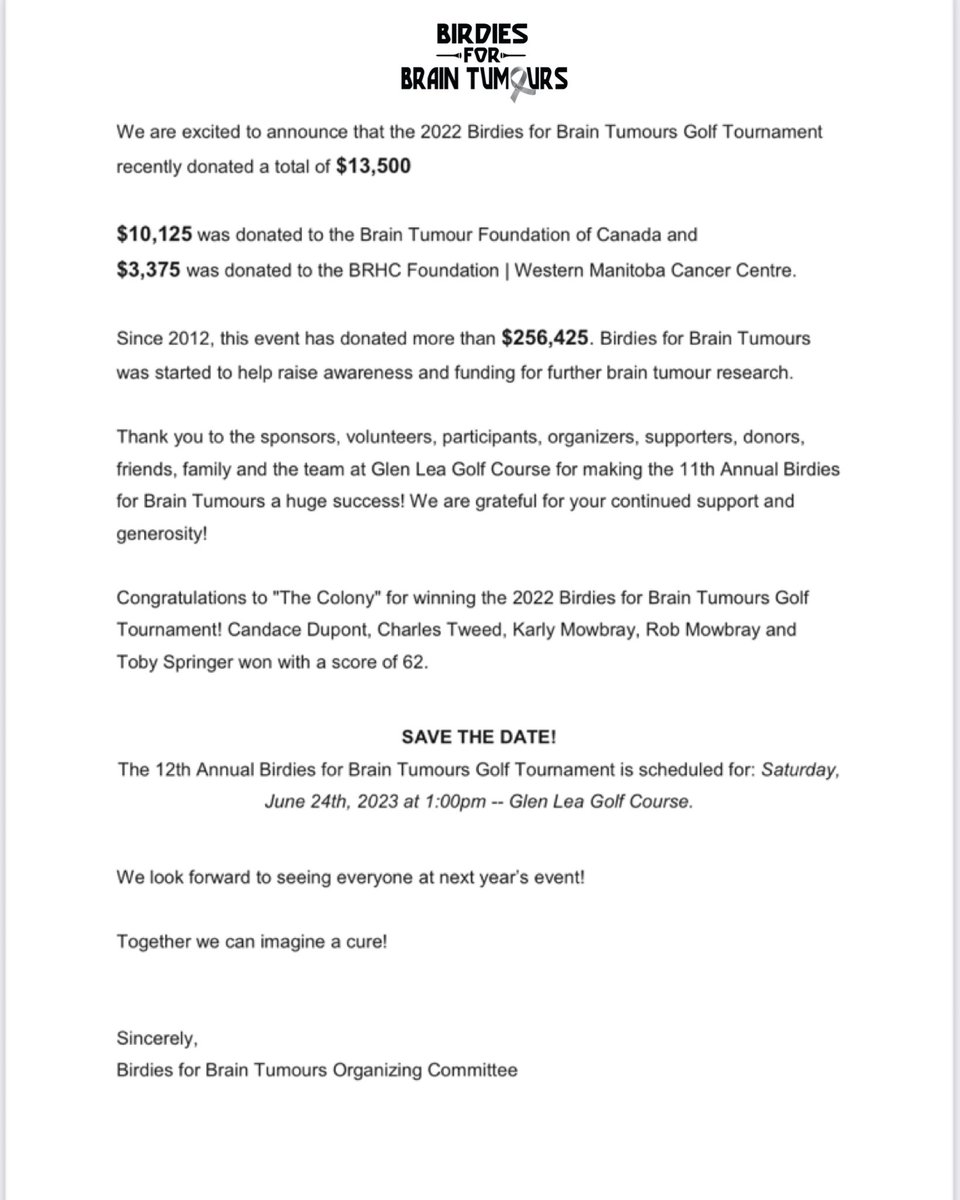 B4BTinfo's tweet photo. We are excited to announce that the 2022 Birdies for Brain Tumours Golf Tournament recently donated a total of $13,500

$10,125 was donated to the @BrainTumourFdn and $3,375 was donated to the @BRHCF2give | #B4BT #GreyMatters #BDNMB #GLGC 

@thebrandonsun @bdnmbca @glenleagolf https://t.co/Md3Ve1grXm