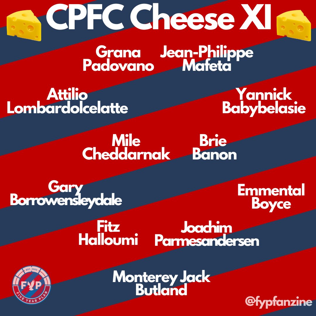 FYPFanzine's tweet photo. To celebrate having @LittleMouseSE25 as pod sponsor this week we've compiled the #CPFCcheeseXI based on your suggestions! 🧀

And listen for a great offer from Little Mouse for FYP listeners.

Listen here👉 https://t.co/ubrHdGebZi

#cpfc https://t.co/elTXFWpWrT