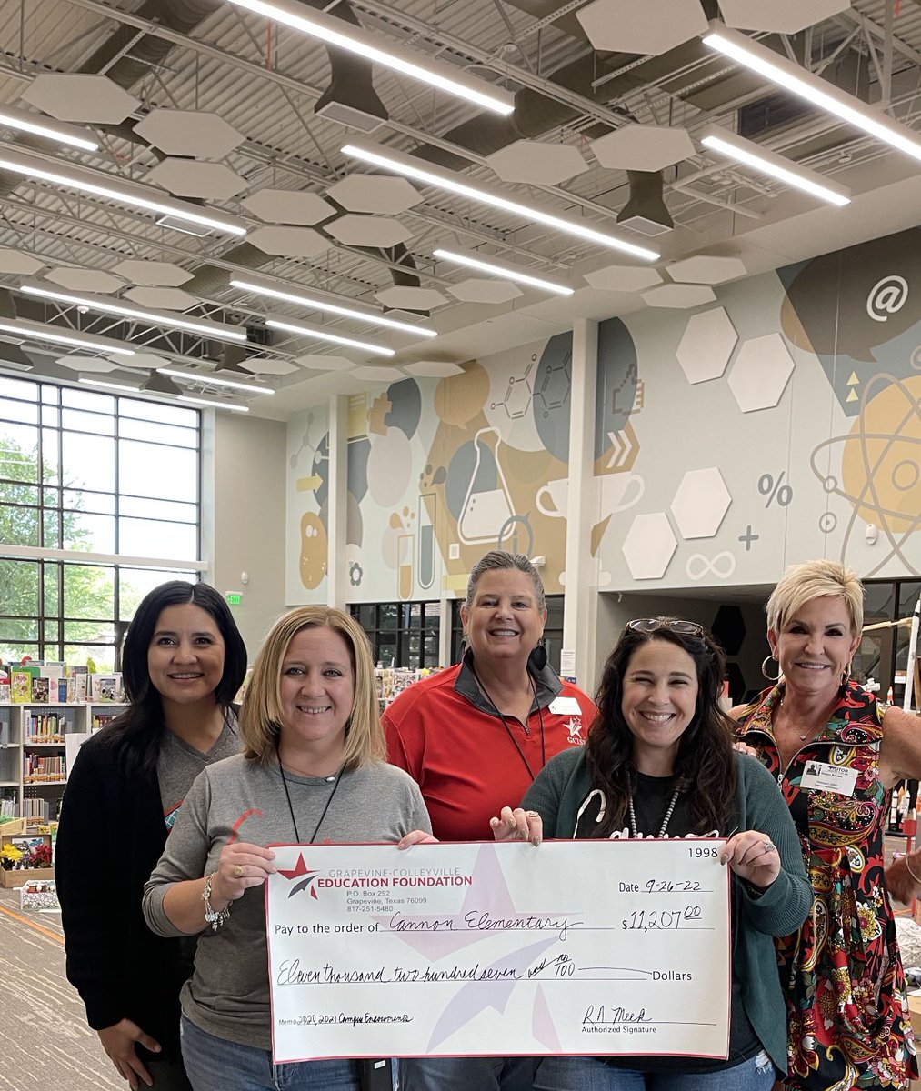 Thank you <a href="/GCEdFoundation/">Grapevine-Colleyville Education Foundation</a> for our <a href="/canSTEM/">Cannon Cubs</a> campus endowment check! We can’t wait to put this toward STEM teaching and learning innovation!  ☮️❤️🐻💰