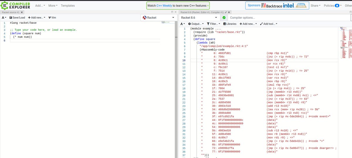 Thanks to @jryans, you can now use Racket on @CompileExplore! godbolt.org/z/EKGxenhMW