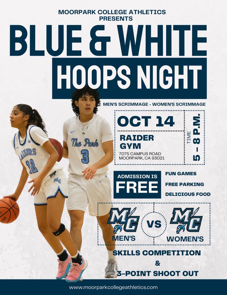 moorparkwbb's tweet photo. Come out and join us next Friday Oct. 14 @ 5pm on our home court for our Blue&amp;White night! 

Men’s scrimmage, Women’s scrimmage, games, music, food and best of all.. Free admission! Come out and have some fun with us! https://t.co/KJHeCdlq0N